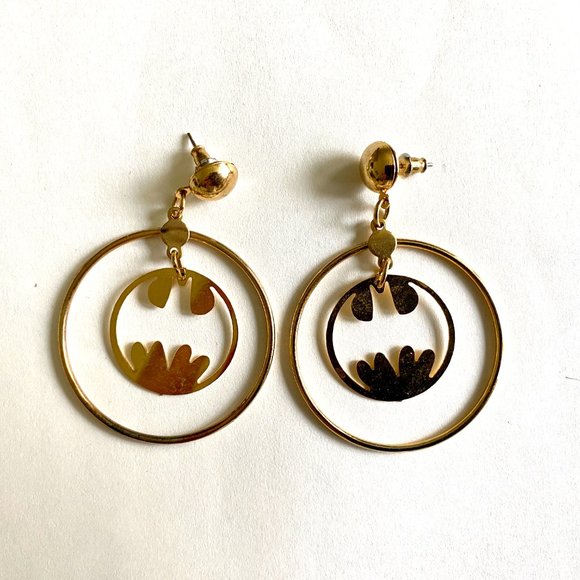 Vintage Batman Gold-tone Drop Hoop Earrings - Picture 6 of 7